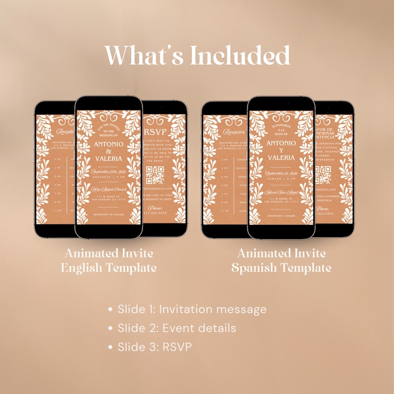 Whats included animated wedding invitation template with English and Spanish versions and three slides invitation event details RSVP
