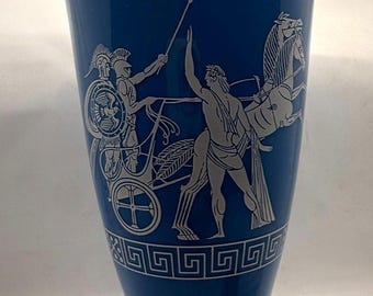 Vintage Portuguese Blue Porcelain Decanter Costa Verde Greco Roman Chariot Mid Century Decor