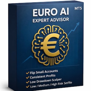 May include: A navy blue box with the text "EURO AI EXPERT ADVISOR" in white. A gold-colored euro symbol is inside a brain-like design. The box also lists features like "Flip Small Accounts" and "Consistent Profits."