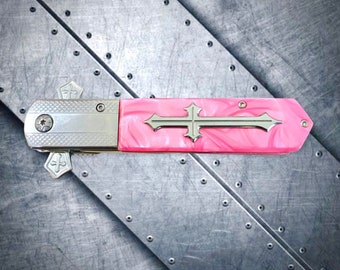 Collectible Pink Cross 9” Cute Pocket Knife. Spring Assisted Open