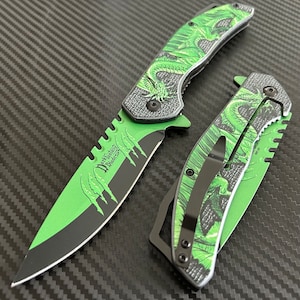 8.75” Dragon Engraved Green Cool Knife Tactical Spring Assisted Folding Pocket knife Cool Knife. Hunting, Camping, Cute Knife Gift.