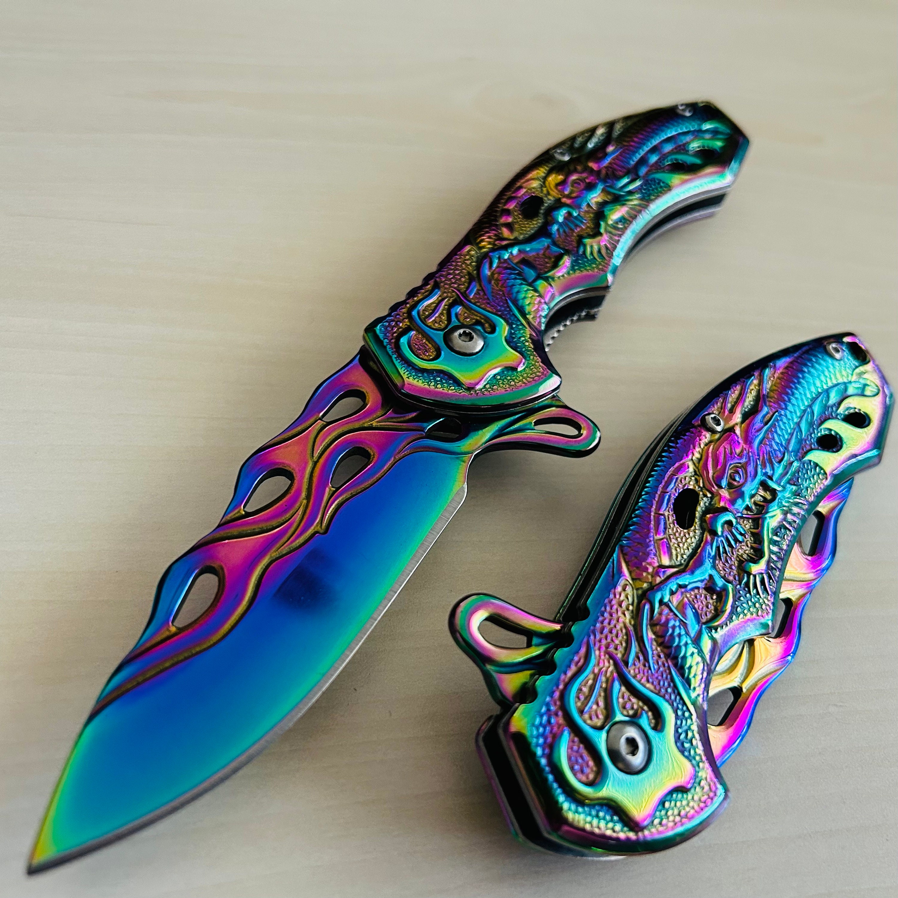 Guys Ladies Rainbow Multi Color All Metal Spring Assisted Pocket Knife 4.2  oz.