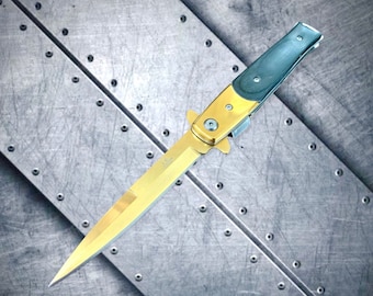 Collectible Gold Classic Cool Knife Spring Assisted Open Blade Folding Pocket Knife. Wood Handle. Gift For Her, Gift For Him