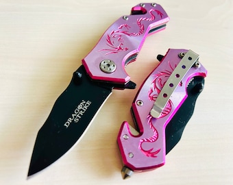 6” Pink Dragon Mini Cute Knife Spring Assisted Open Blade Folding Pocket Knife. Hunting, Camping, Cute Knife. Cool Knife.