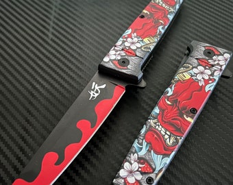 9” Cute Red Monster Mini Katana Spring Assisted Open Blade Folding Pocket Knife Hunting Cool Knife