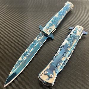 9” Blue Rose Engraved Cute Spring Assisted Open Blade Folding Pocket Knife. Hunting, Camping Knife. Cool Knife. Cute Knife