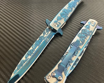 9” Blue Rose Engraved Cute Spring Assisted Open Blade Folding Pocket Knife. Hunting, Camping Knife. Cool Knife. Cute Knife