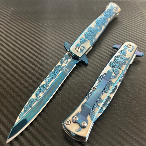 9” Blue Rose Engraved Cute Spring Assisted Open Blade Folding Pocket Knife. Hunting, Camping Knife. Cool Knife. Cute Knife