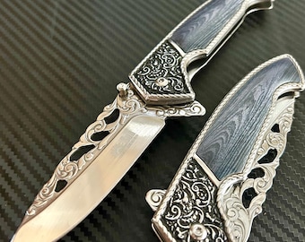 8.5” Black Wood Flower Engraved Metal Handle,Cute Knife,Spring Assisted Open Folding Pocket Knife, Gift for him, Gift for her, Cool Knife