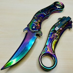 9” Rainbow Dragon Cute Karambit Spring Assisted Open Folding Pocket Knife. Tactical Hunting Camping Cool Knife