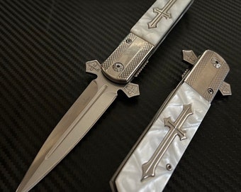 9” Pearl Cross Cute Knife Spring Assisted Open Blade Folding Pocket Knife. Hunting, Camping, Cute Knife. Cool Knife.