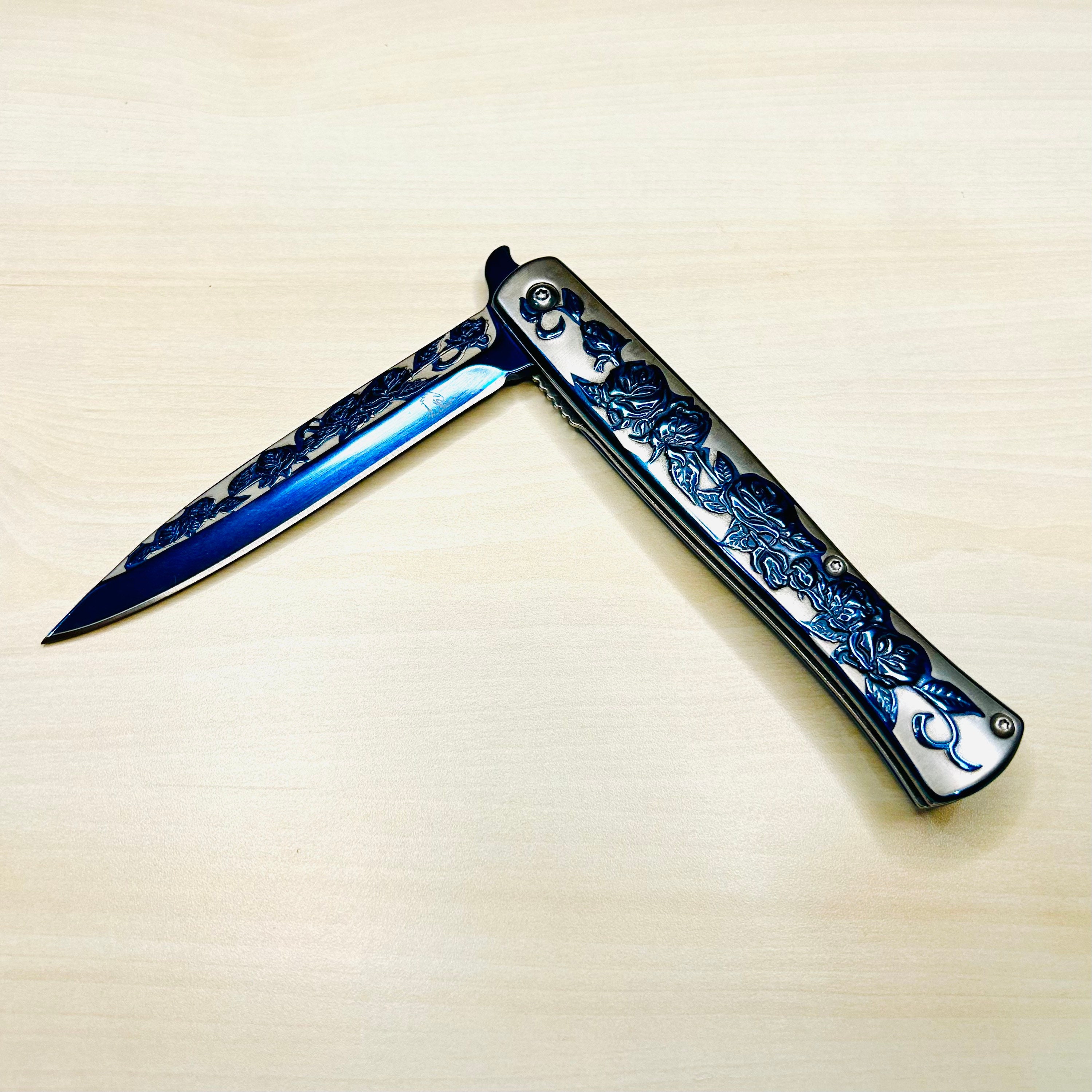 9” Black Rose Engraved Cute Spring Assisted Open Blade Folding Pocket Knife. Hunting, Camping, Cute Knife. Cool Knife.