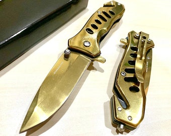 6.75” Gold Tactical Cute Spring Assisted Open Blade Folding Pocket Knife. Cute Knife, Cool Knife, Pretty Knife, Pocket Knives.