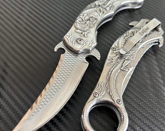 9” Silver Dragon Cute Karambit Spring Assisted Open Folding Pocket Knife. Tactical Hunting Camping Cool Knife