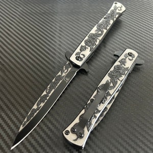 9” Black Rose Engraved Cute Spring Assisted Open Blade Folding Pocket Knife. Hunting, Camping, Gift Knife. Cool Knife. Cute Knife