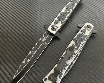 9” Black Rose Engraved Cute Spring Assisted Open Blade Folding Pocket Knife. Hunting, Camping, Gift Knife. Cool Knife. Cute Knife
