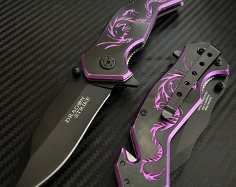 8” Purple Dragon Mini Cute Knife Spring Assisted Open Blade Folding Pocket Knife. Hunting, Camping, Cute Knife. Cool Knife.