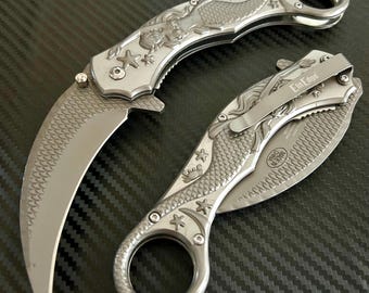 9” Gray Mermaid Cute Karambit Spring Assisted Open Folding Pocket Knife. Tactical Hunting Camping Cool Knife