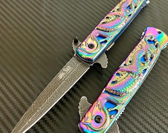 8.75” Rainbow Dragon Engraved Cute Spring Assisted Open Blade Folding Pocket Knife. Hunting, Camping, Gift Knife. Cool Knife. Cute Knife