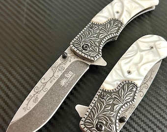8.5” Pearl Marble Rose Engraving Stonewashed Metal Handle,Cute Knife,Spring Assisted Open Folding Pocket Knife, Gift for him, Gift for her,