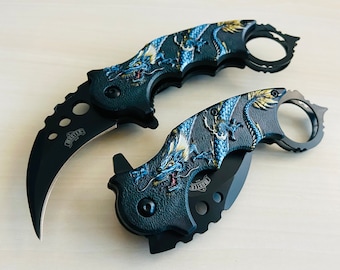 7” Blue Dragon Karambit Knife Spring Assisted Open Blade Folding Pocket Knife. Hunting, Camping, Cute Knife. Cool Knife.