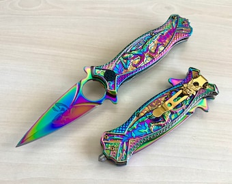 8.5” Rainbow Ninja Cute Knife Spring Assisted Open Blade Folding Pocket Knife. Hunting, Camping, Cute Knife. Cool Knife.