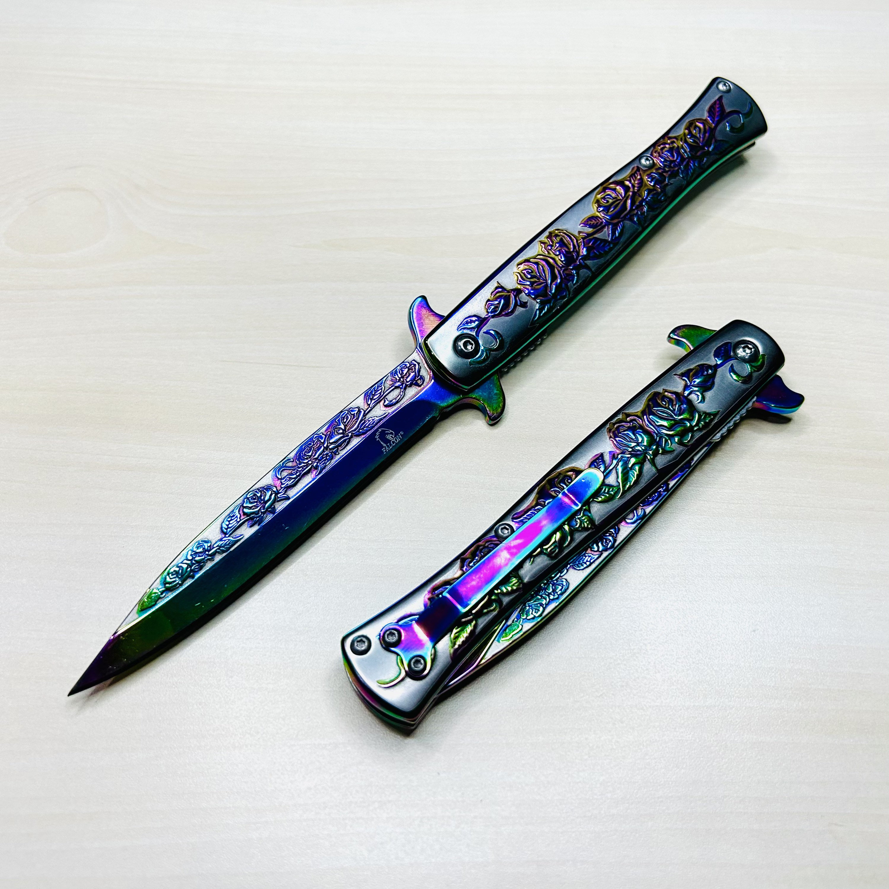 9” Black Rose Engraved Cute Spring Assisted Open Blade Folding Pocket Knife. Hunting, Camping, Cute Knife. Cool Knife.