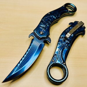 9” Blue Dragon Cute Karambit Spring Assisted Open Folding Pocket Knife. Tactical Hunting Camping Cool Knife