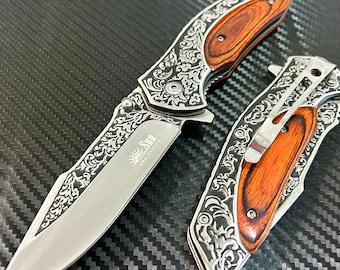 9” Brown Wood Flower Engraved Metal Handle,Cute Knife,Spring Assisted Open Folding Pocket Knife, Cool Knife