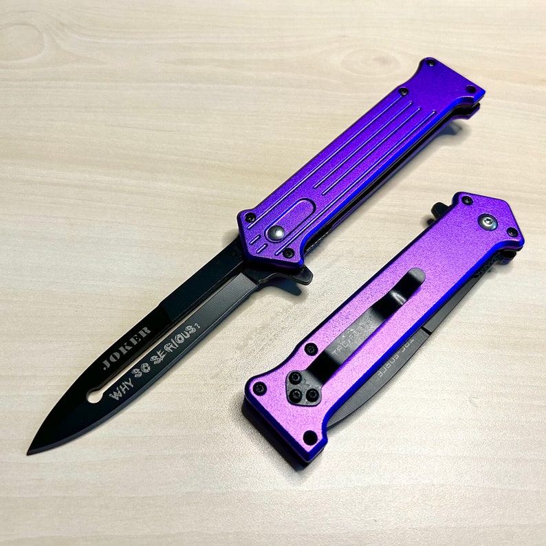 8 Joker Purple Tactical Cute Spring Assisted Open Blade Folding Pocket Knife.Cool Knife. Gift for Father. Gift for boyfriend. imagem 1