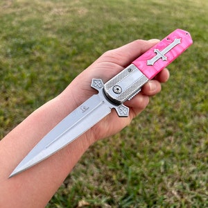 9” Pink Cross Cute Knife Spring Assisted Open Blade Folding Pocket Knife. Hunting, Camping, Cute Knife. Cool Knife.