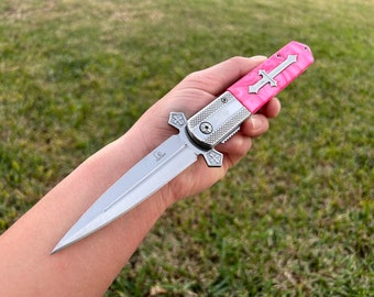 9” Pink Cross Cute Knife Spring Assisted Open Blade Folding Pocket Knife. Hunting, Camping, Cute Knife. Cool Knife.