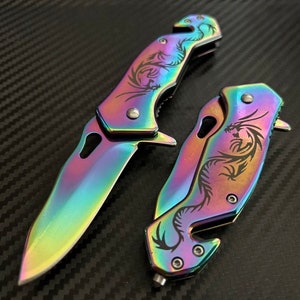 6” Rainbow Dragon Mini Cute Knife Spring Assisted Open Blade Folding Pocket Knife. Hunting, Camping, Cute Knife. Cool Knife.