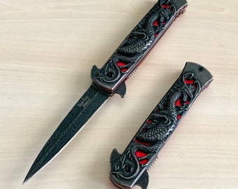 8.75” Dragon Engraved Red Knife Tactical Spring Assisted Open Blade Folding Pocket knife Cool Knife. Hunting, Camping, Cute Knife Gift.