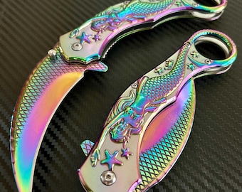 8.75” Cute Rainbow Mermaid Knife Assisted Folding Pocket Knife with Gold Starfish and Sea Horse. Hunting, Camping, Cool Knife. Gift.