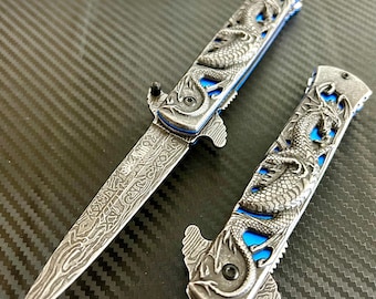 8.75” Blue Dragon Engraved Cute Spring Assisted Open Blade Folding Pocket Knife. Hunting, Camping, Gift Knife. Cool Knife. Cute Knife