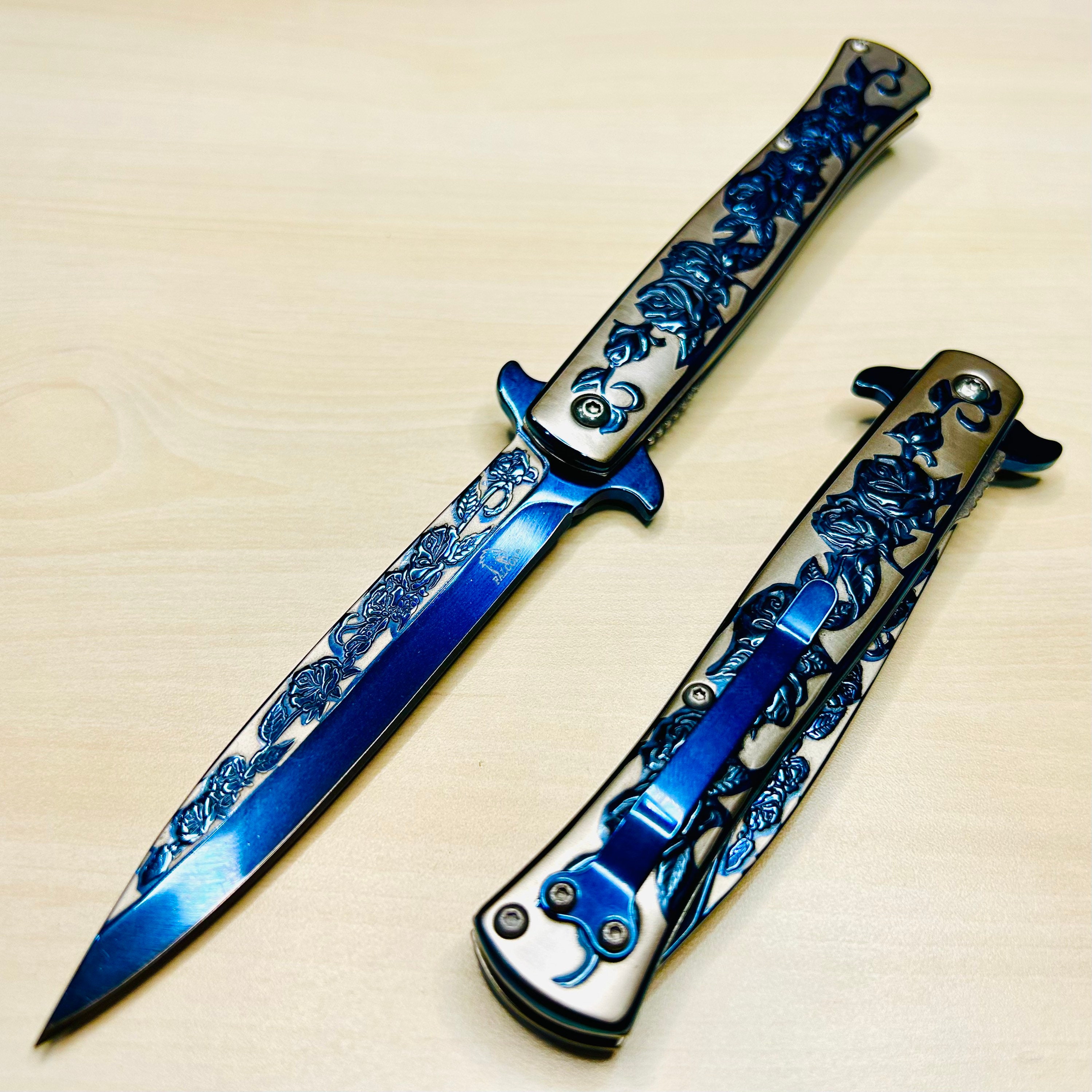 9” Black Rose Engraved Cute Spring Assisted Open Blade Folding Pocket Knife. Hunting, Camping, Cute Knife. Cool Knife.