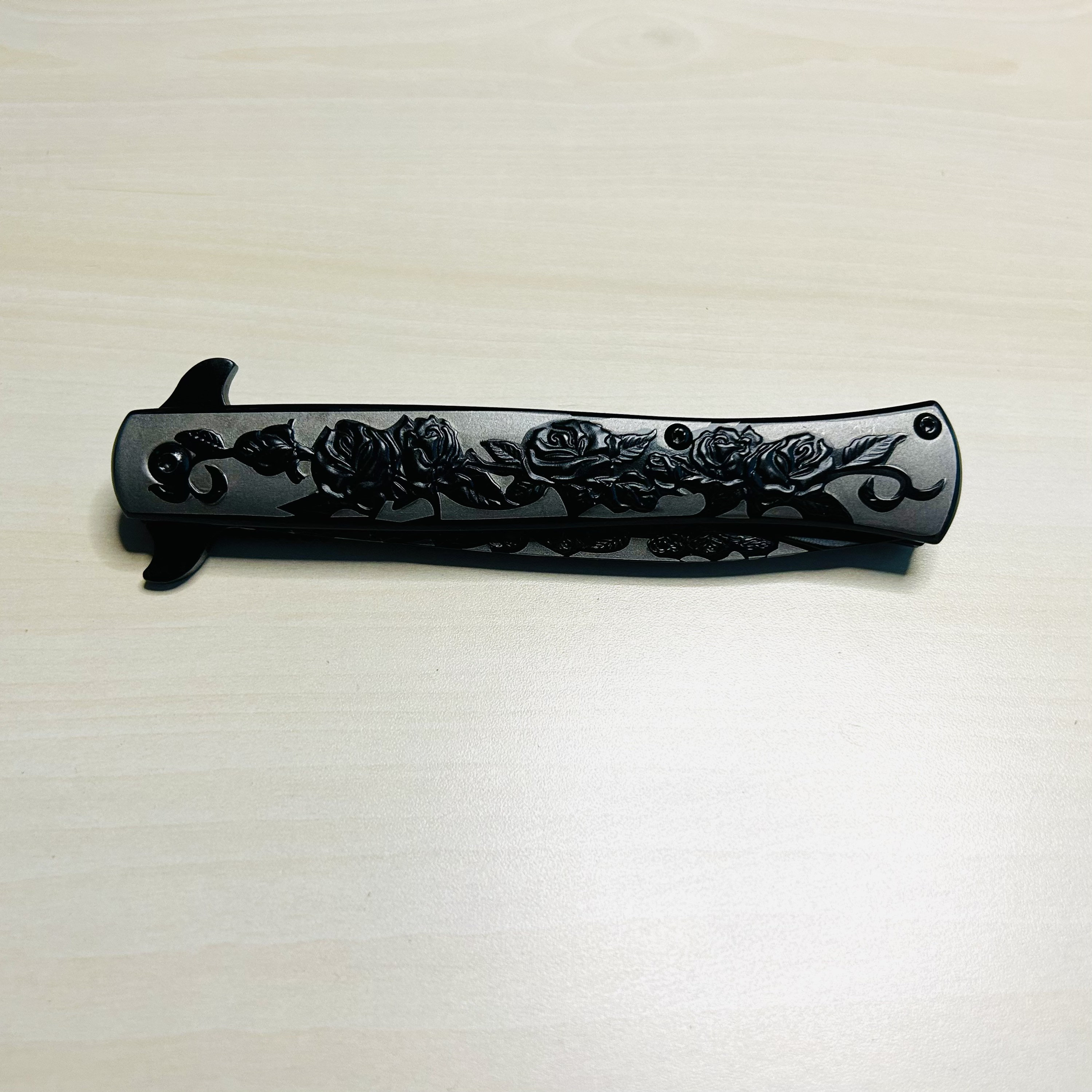 9” Black Rose Engraved Cute Spring Assisted Open Blade Folding Pocket Knife. Hunting, Camping, Cute Knife. Cool Knife.