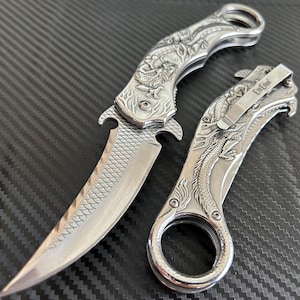 9” Silver Dragon Cute Karambit Spring Assisted Open Folding Pocket Knife. Tactical Hunting Camping Cool Knife