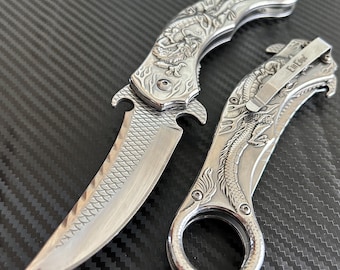 9” Silver Dragon Cute Karambit Spring Assisted Open Folding Pocket Knife. Tactical Hunting Camping Cool Knife