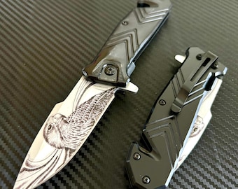 9” Black Eagle Engraved Metal Handle,Cute Knife,Spring Assisted Open Blade Folding Pocket Knife, Cool Knife