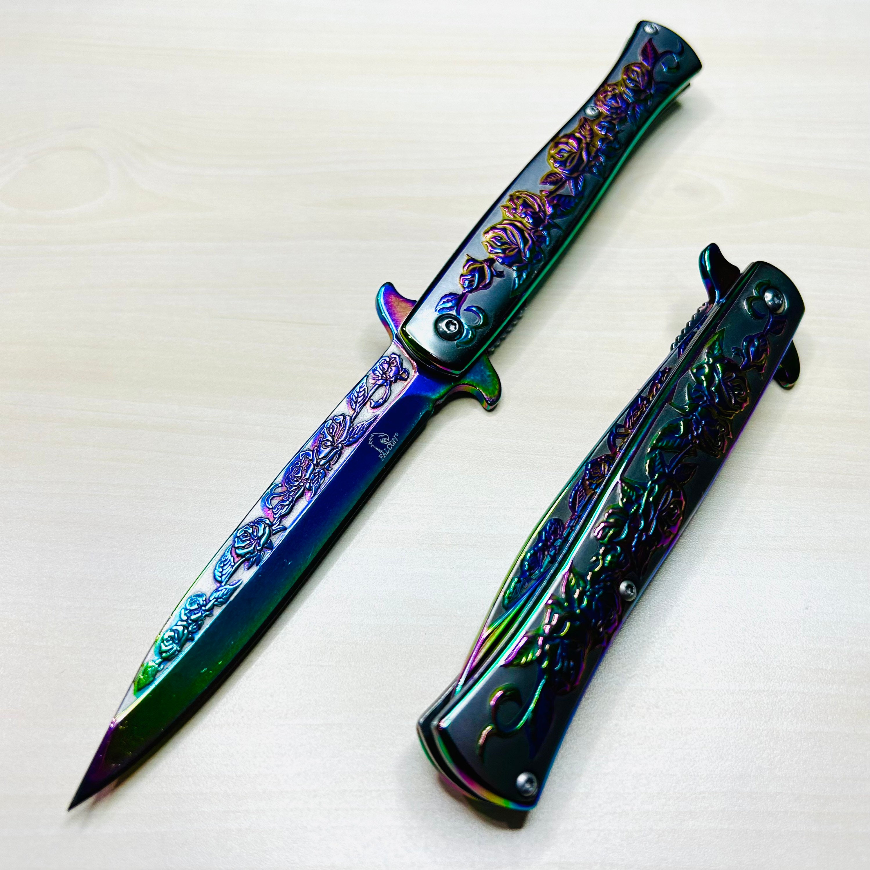 9” Black Rose Engraved Cute Spring Assisted Open Blade Folding Pocket Knife. Hunting, Camping, Cute Knife. Cool Knife.