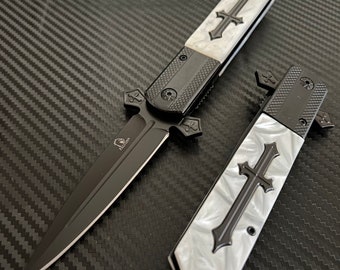 9” Black Pearl Cross Cute Knife Spring Assisted Open Blade Folding Pocket Knife. Hunting, Camping, Cute Knife. Cool Knife.