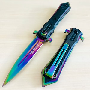 8” Rainbow Military Tactical Cool Knife Spring Assisted Open Blade Folding Pocket knife. Hunting, Camping, Cute Knife. Cool Knives