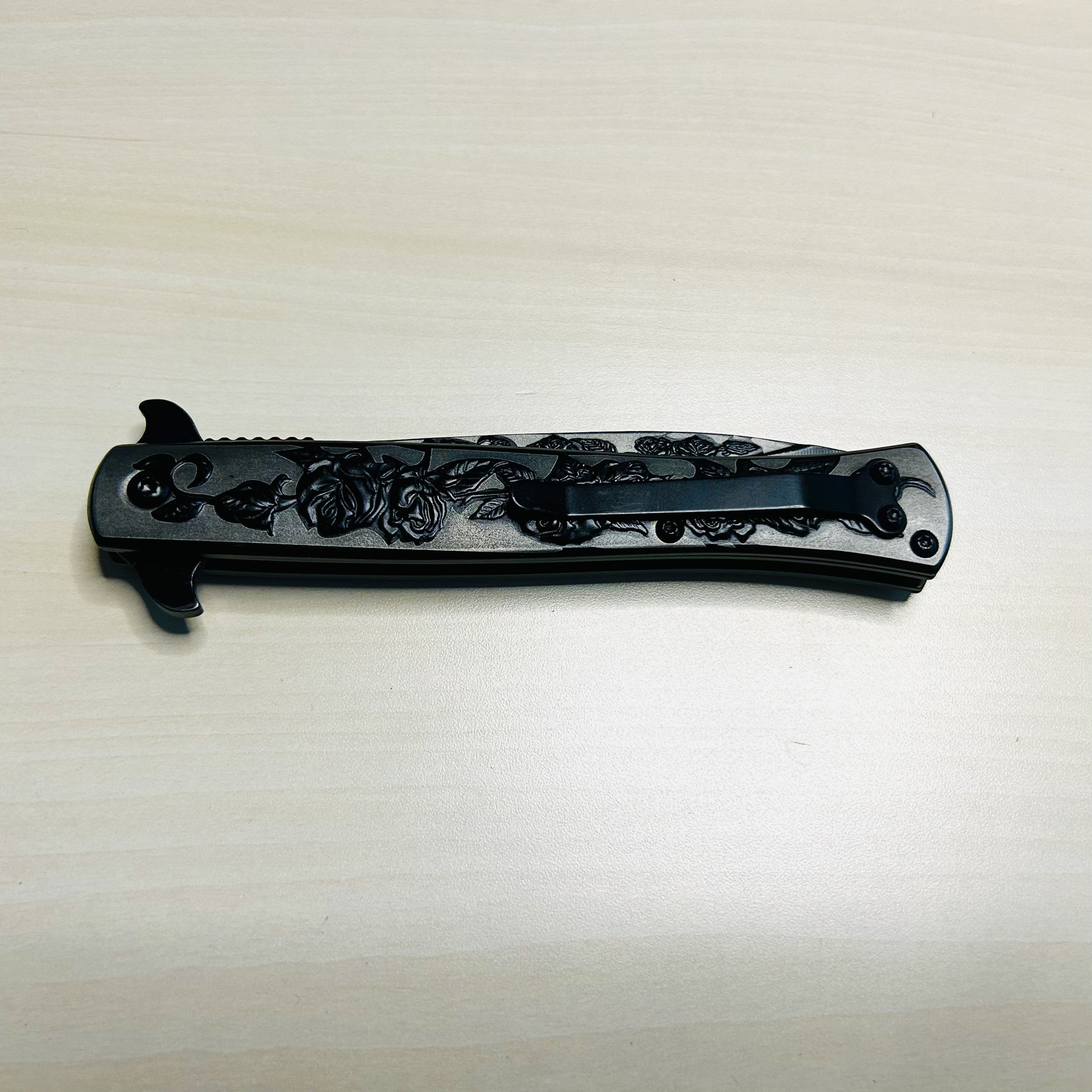 9” Black Rose Engraved Cute Spring Assisted Open Blade Folding Pocket Knife. Hunting, Camping, Cute Knife. Cool Knife.
