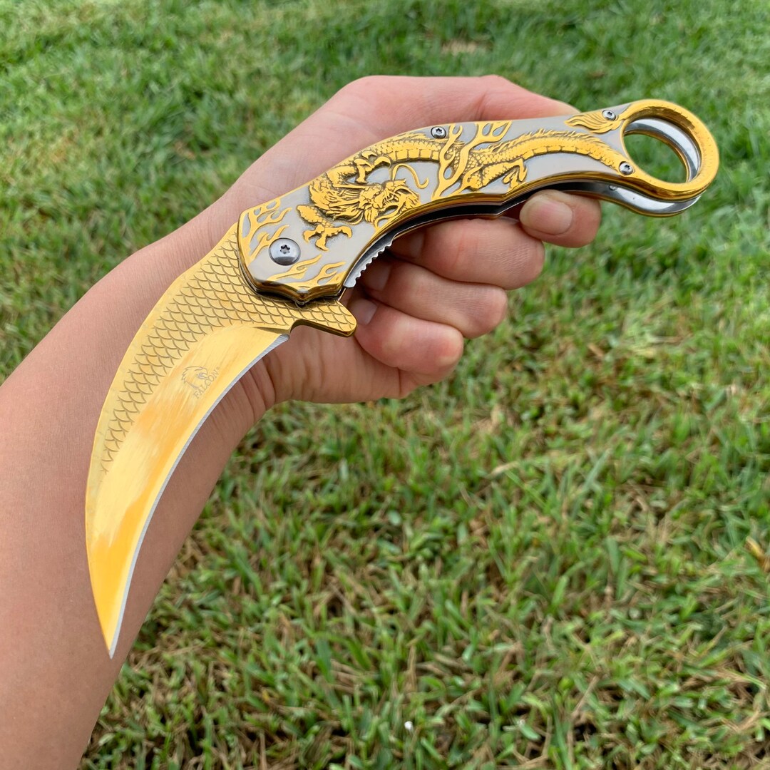 Gold Dragon Sculpture 9 Karambit Tactical Spring Assisted Folding
