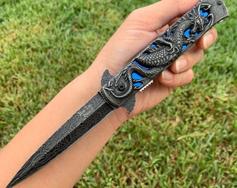 8.75” Dragon Engraved Blue Cool Knife Tactical Spring Assisted Folding Pocket knife Cool Knife. Hunting, Camping, Cute Knife Gift.
