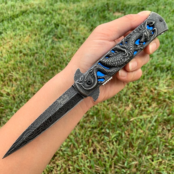 8.75” Dragon Engraved Blue Cool Knife Tactical Spring Assisted Folding Pocket knife Cool Knife. Hunting, Camping, Cute Knife Gift.