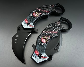 7” Red Skull Grim Reaper Tactical Claw Karambit Assisted Open Folding Pocket Knife. Cool Knife, Cute Knife, Pocket Knives, Pretty Knife,