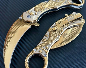 Gold Mermaid Sculpture 9” Karambit Tactical Spring Assisted Folding Pocket Knife. Hunting, Camping, Cute Knife. Cool Knife.